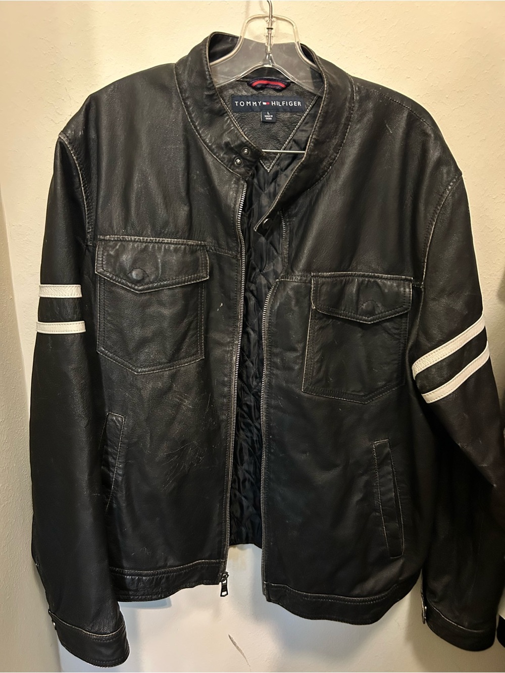 Tommy Hilfiger Genuine Leather Jacket Black Moto Utility White Stripe Sleeves L